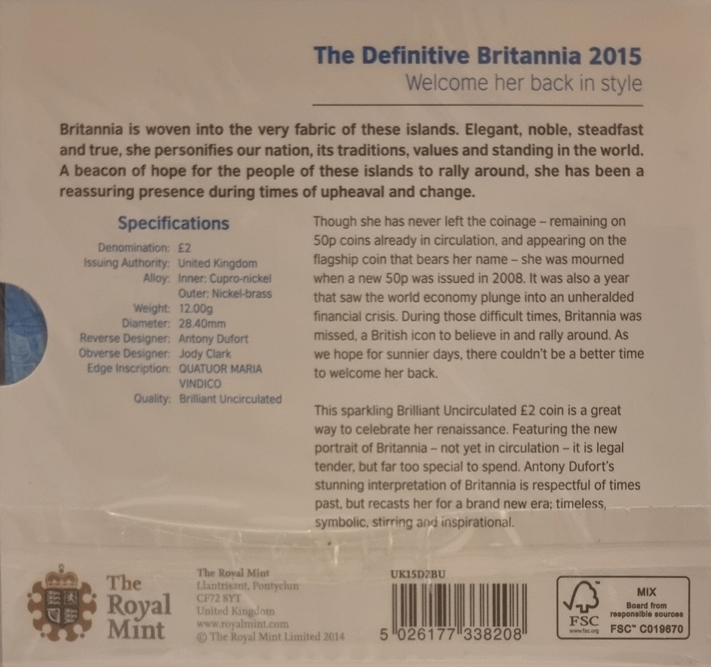 Royal Mint 2015 BUNC £2 Two Pound Coin The Definitive Britannia Sealed Pack